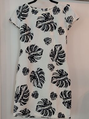 Relished White Shift Dress with Black Leaf Print